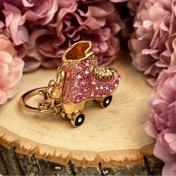 Pink and Gold Crystal Roller Skate Keychain Charm - Picture 7 of 16